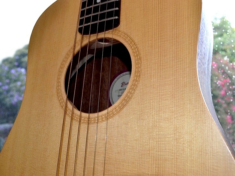 Taylor Baby acoustic guitar. Spruce top, with laser-etched soundhole rosette