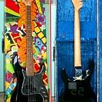 P/J Bass by Mike Lipe. Vintage painted case by artist Kristoff Meyer